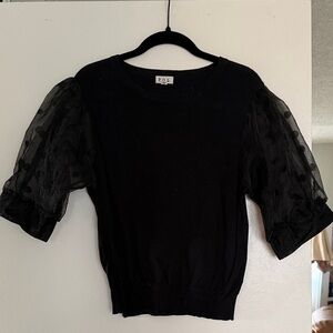 POL Black Knit Top with Sheer Polka Dot Puff Sleeves
